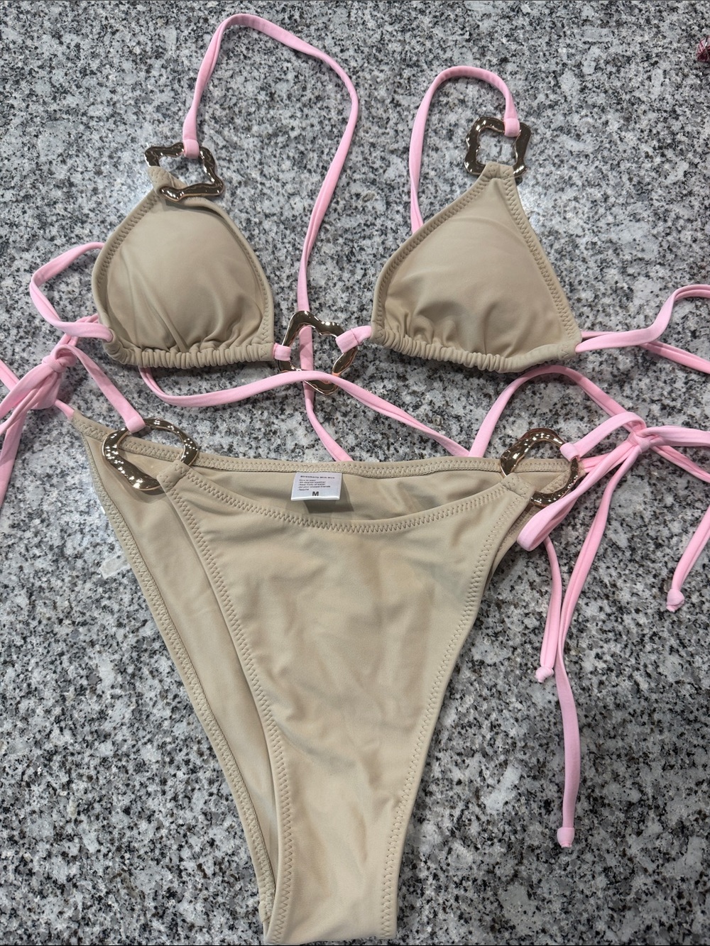Strawberry Milk Mob Beige Bikini with Pink Ties